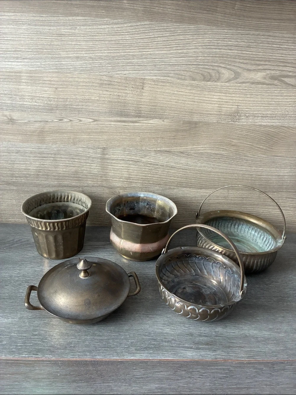 Brass Pots, Bowls with Handles and Lidded Brass Sugar Bowl or Trinket Dish